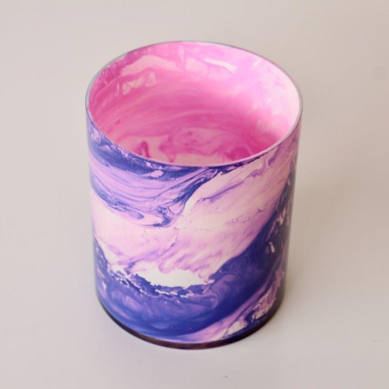 BRIGHT PINK & PURPLE SWIRL TEALIGHT GLASS CANDLE HOLDER  13X11CM